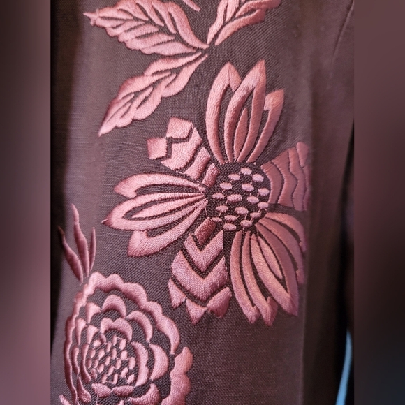 Victor Costa Women's Linen Blend Floral Embroidered Brown Blaze L - Picture 4 of 12